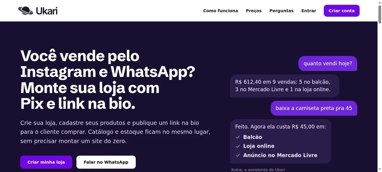 Tela inicial do site do Ukari, com a Kukie respondendo quanto foi vendido no dia